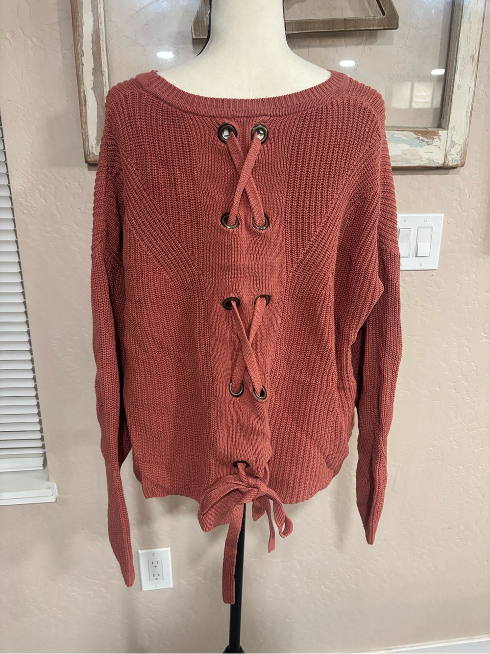 Lucky Brand Rust Lace-Up Front Crew Neck Sweater